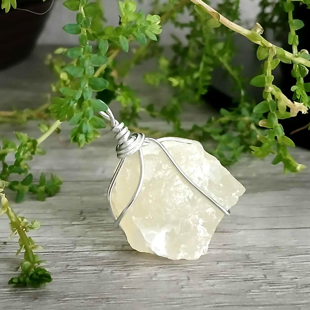 Raw Calcite Crystal Pendant, Wire Wrapped Gemstone Jewelry 1.5"